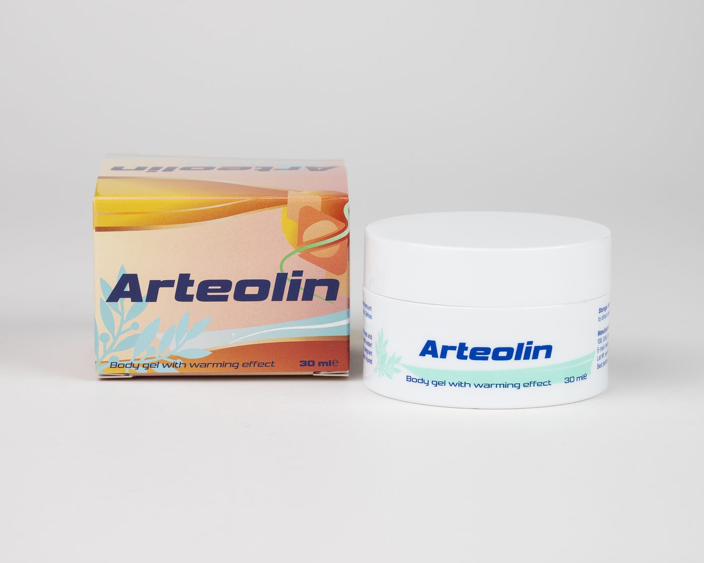Arteolin testgél: fehér, 30 ml-es tégely mentazöld csíkkal a barack- és narancsszínű doboz mellett, világosszürke háttér előtt